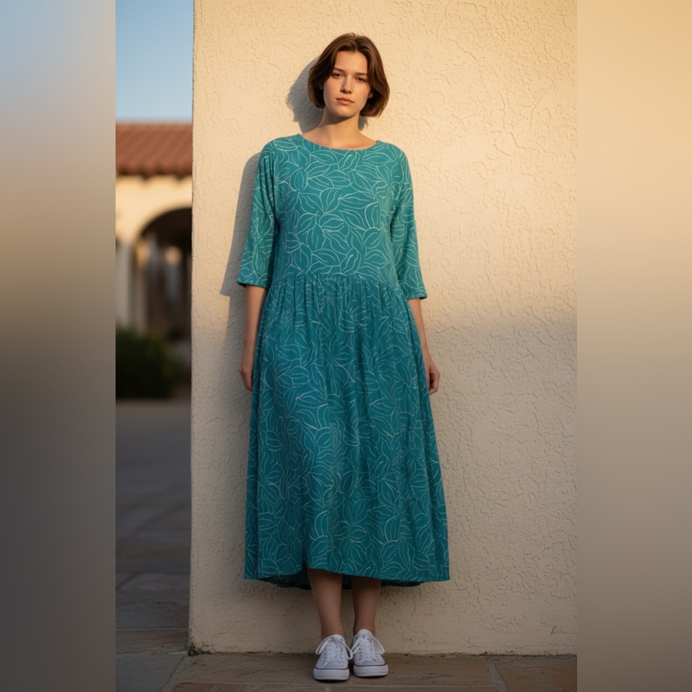Laura Ashley Vintage 1980s Teal Blue Midi Maxi Dress Sz 10 Drop Waist